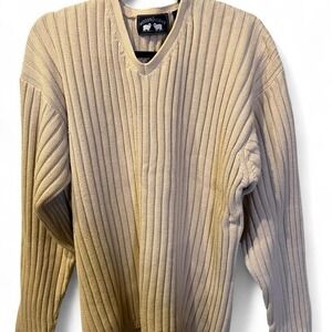 Woods & Gray Mens XL V-Neck Sweater Beige Ribbed Knit 100% Cotton Pullover
